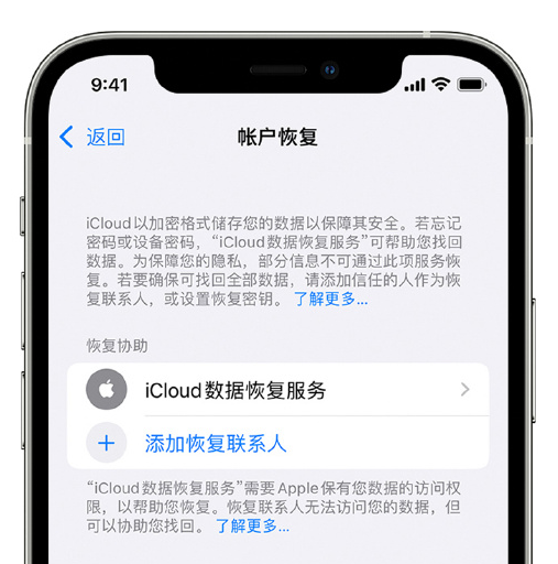 建宁苹果手机维修分享在 iPhone 上设置帐户恢复联系人的方法 