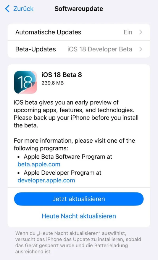 建宁苹果手机维修分享苹果 iOS / iPadOS 18 开发者预览版 Beta 8 发布 